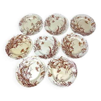 8 dessert plates Terre de fer sepia model Flore Jules Vieillard Bordeaux XIX