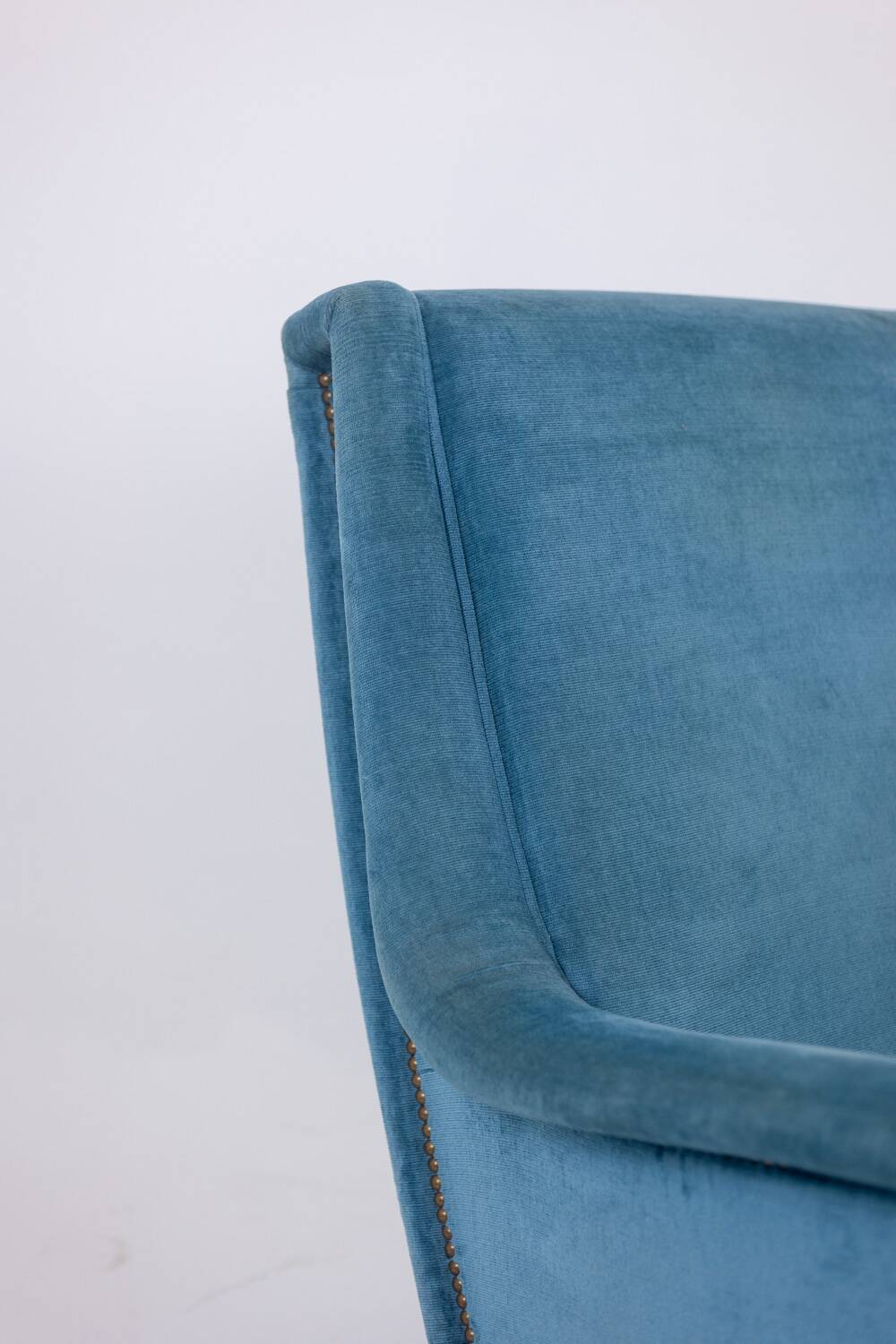Blue velvet armchair, beech base. 1950s.