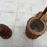 Vintage tablepiece in carved solid wood featuring salt, pepper and mustard pot
