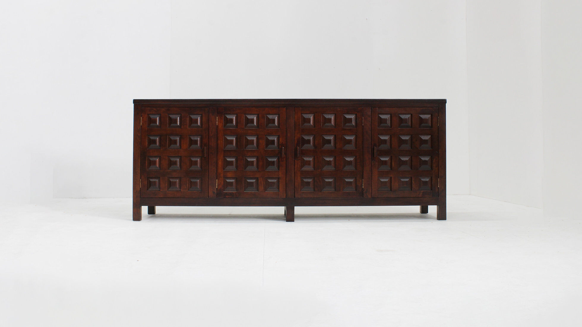 Vintage brutalist sideboard carved solid wood Spain 1960s