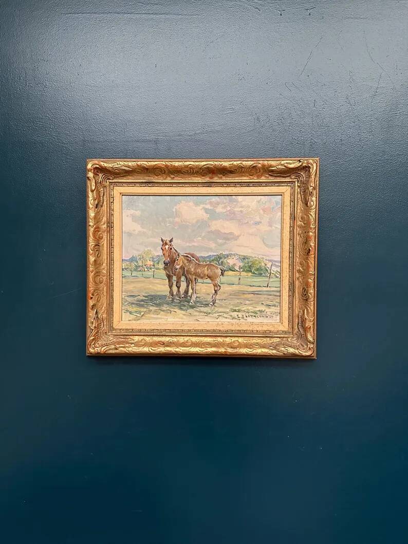 Original Vintage Swedish Oil on Panel – “Horses in a Pasture” by Einar Söderlund – Signed – Vintage & Framed