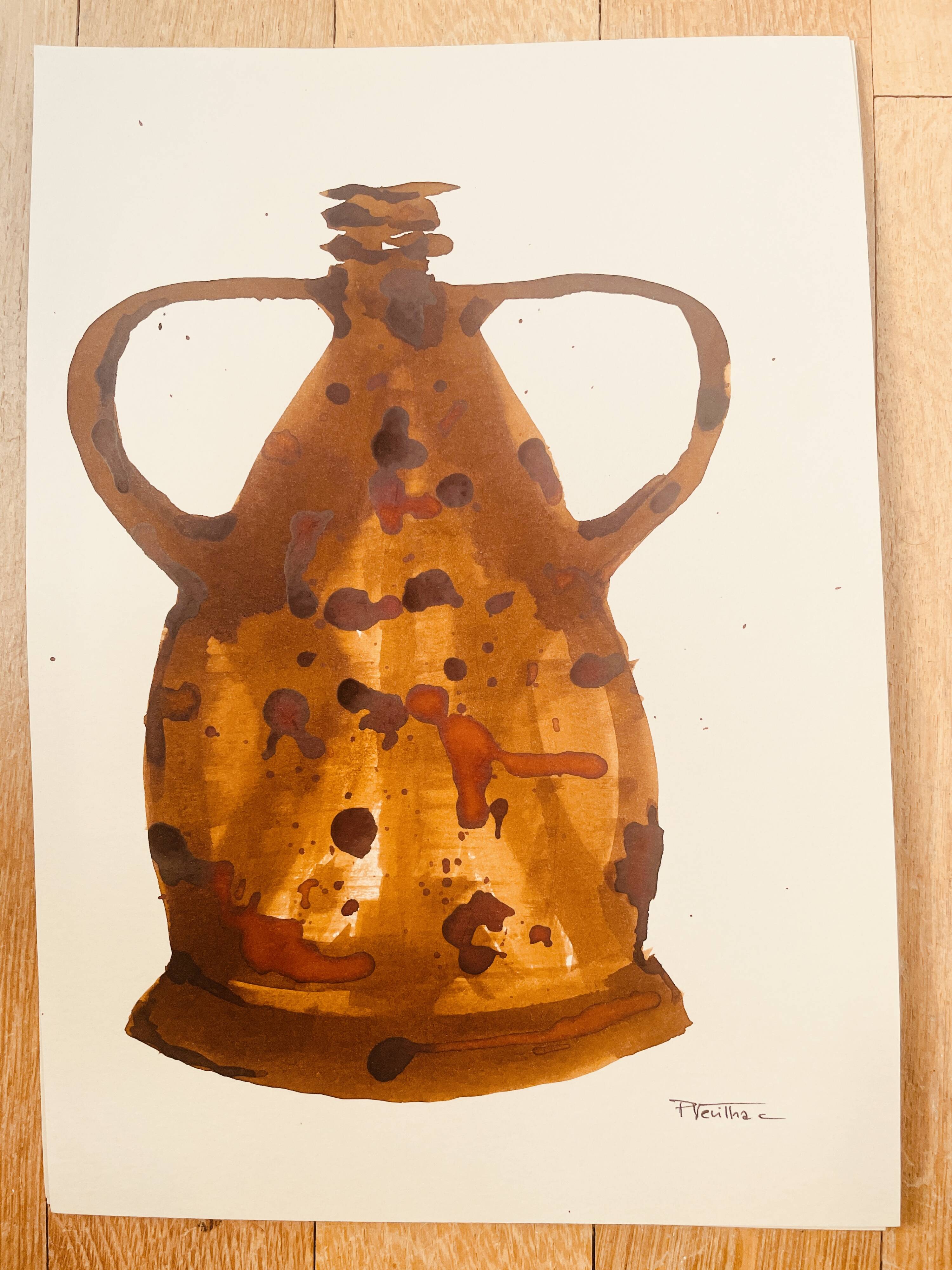 Signed watercolor and ink painting Vase Wabi Sabi Marrakech