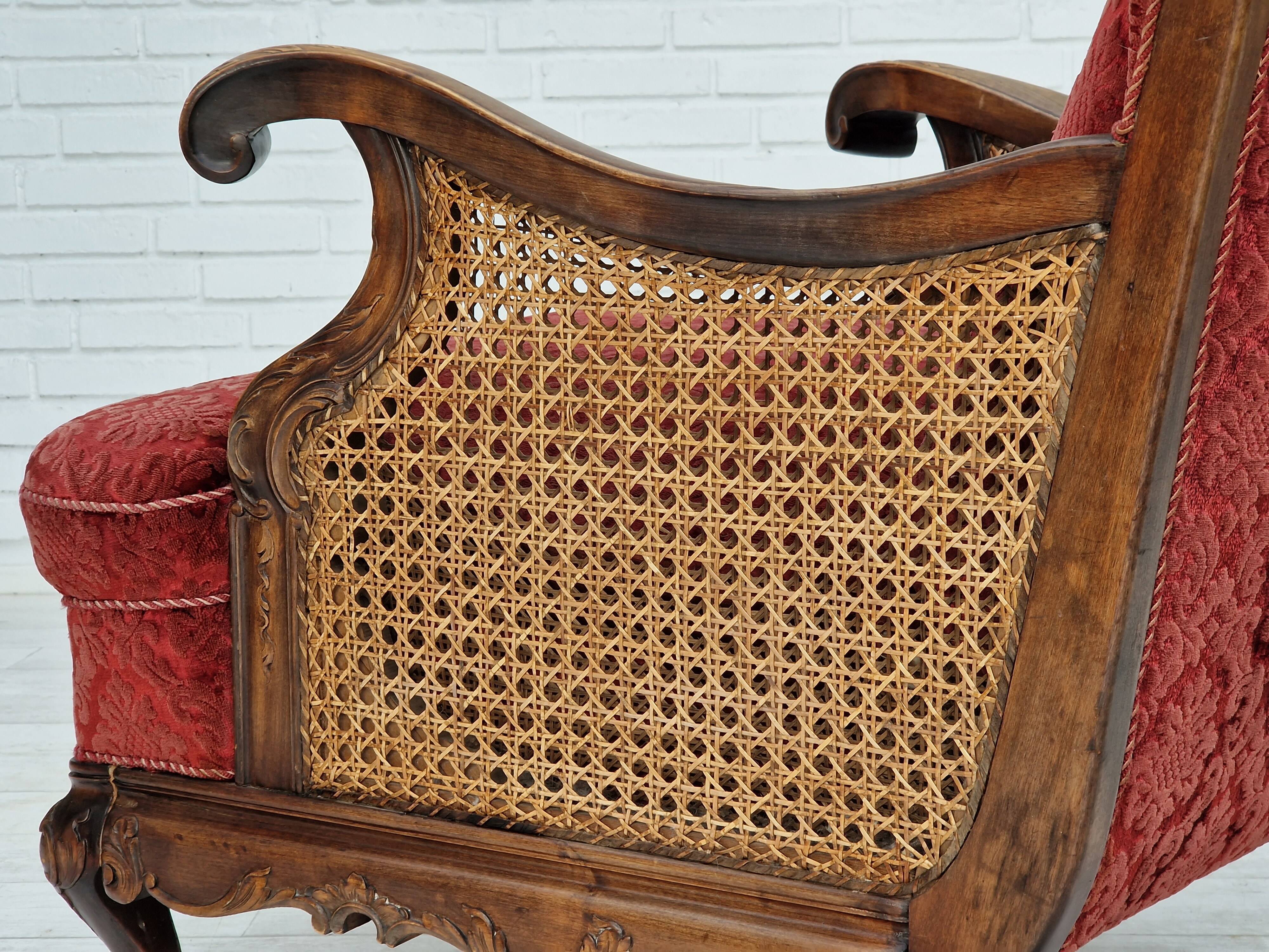 Fauteuil danois en bois de frêne et velour années 1930