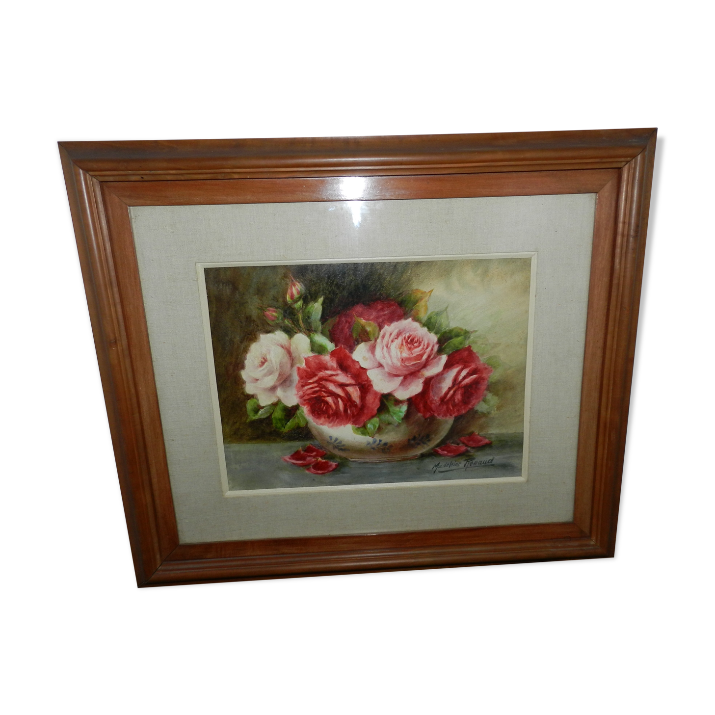 Watercolor painting framed under glass signed Madeleine Renaud
