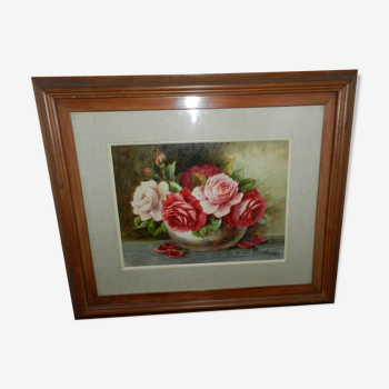 Watercolor painting framed under glass signed Madeleine Renaud