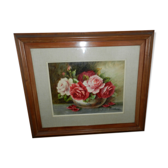 Watercolor painting framed under glass signed Madeleine Renaud