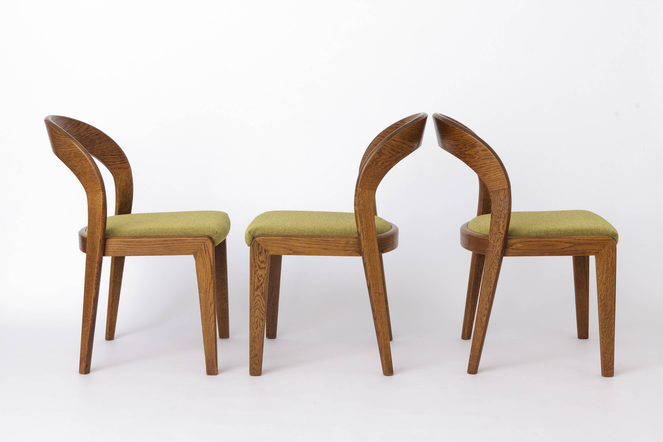Set of 6 Mid Century Dining Chairs, Baumann Gondola Chairs 1970s, Oak Wood