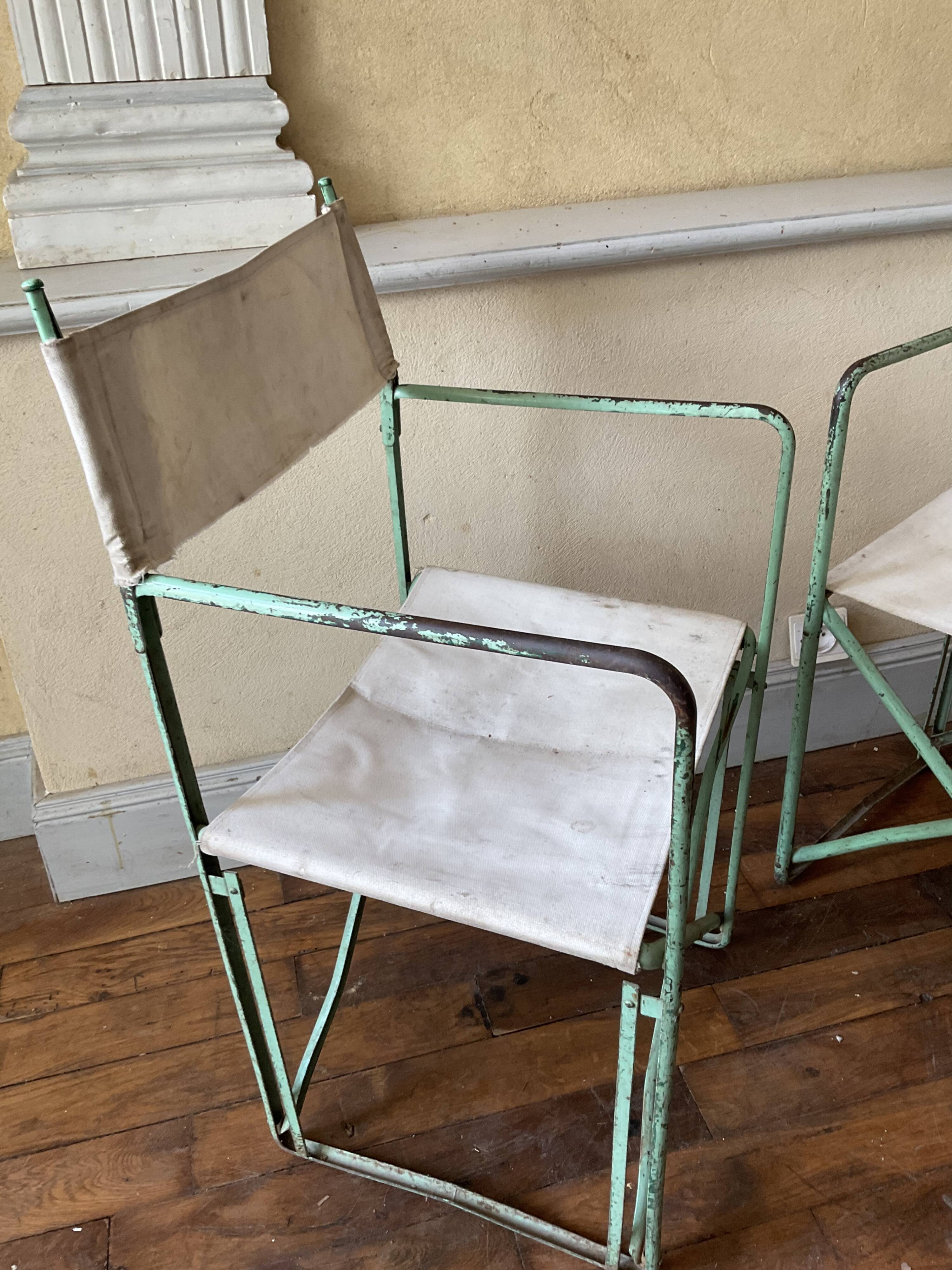 Pair of antique vintage camping metal chairs plianfer