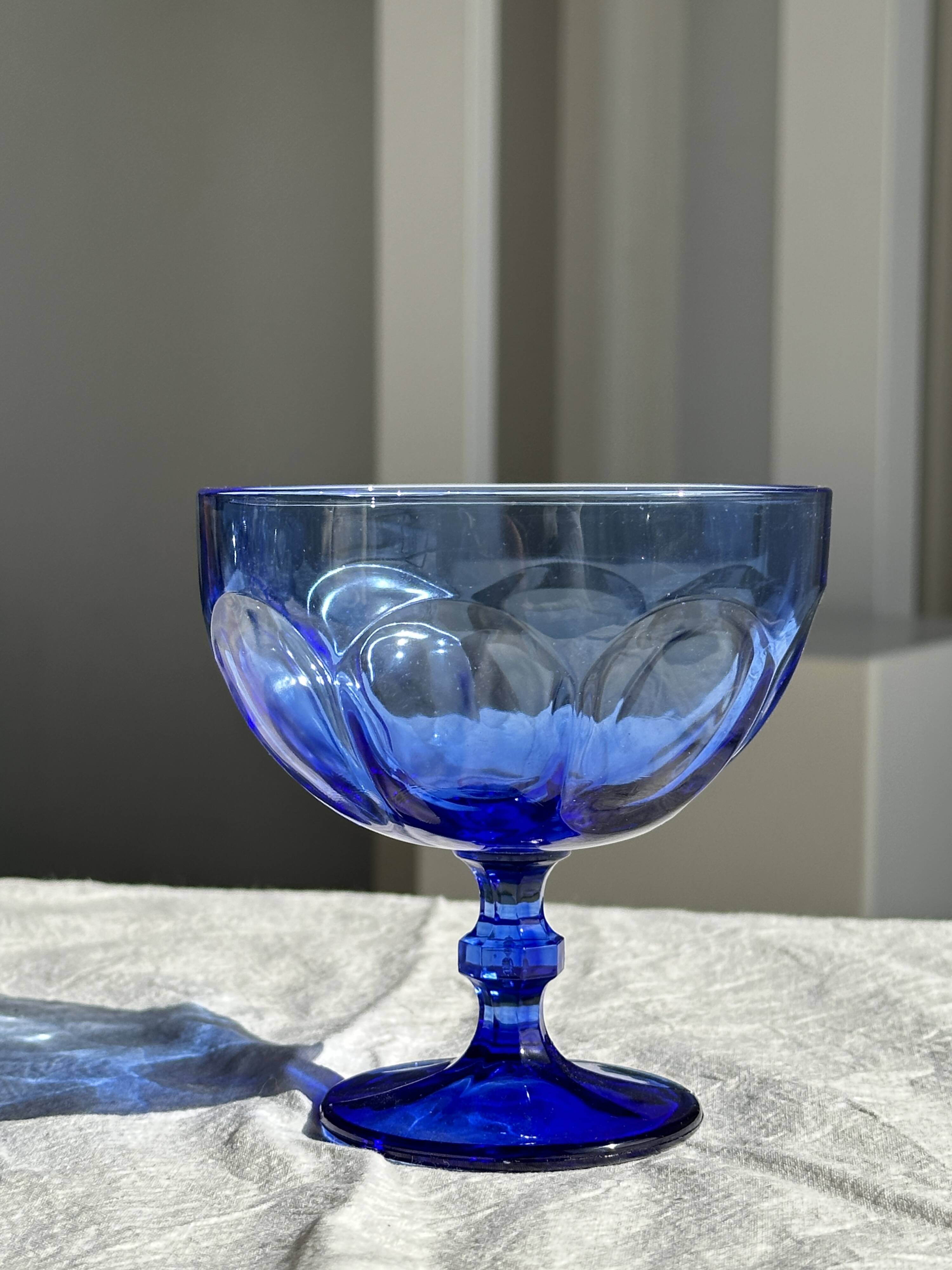 5 blue glass stemmed ice cream bowls