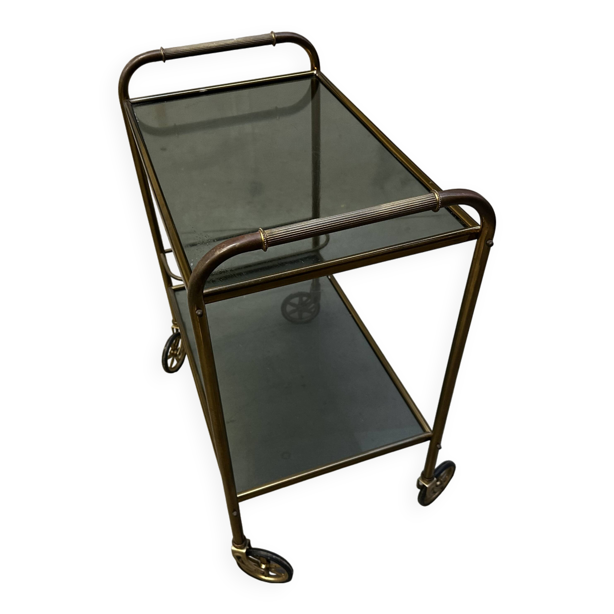 Vintage 70s serving trolley in gold metal and smoked glass