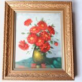 Bouquet of Red Flowers Still Life Signed Canvas Gold Frame 54 x 62 cm