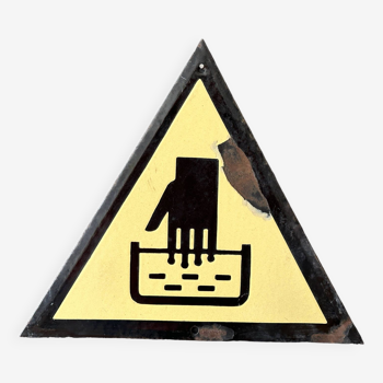 Yellow warning sign vintage european 1970's industrial big enamel