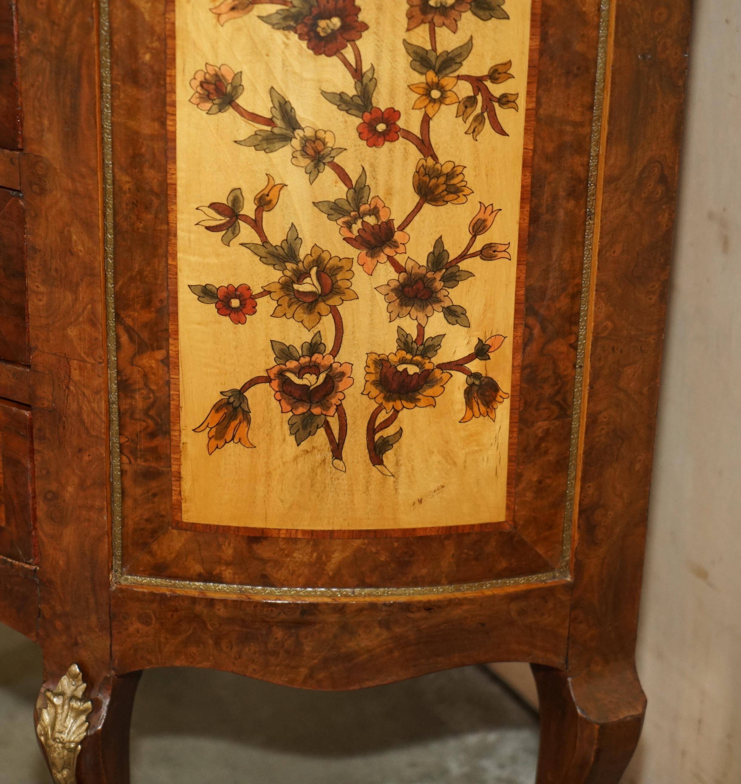 Vintage 1940s demi-lune buffet in burr walnut and satin wood.