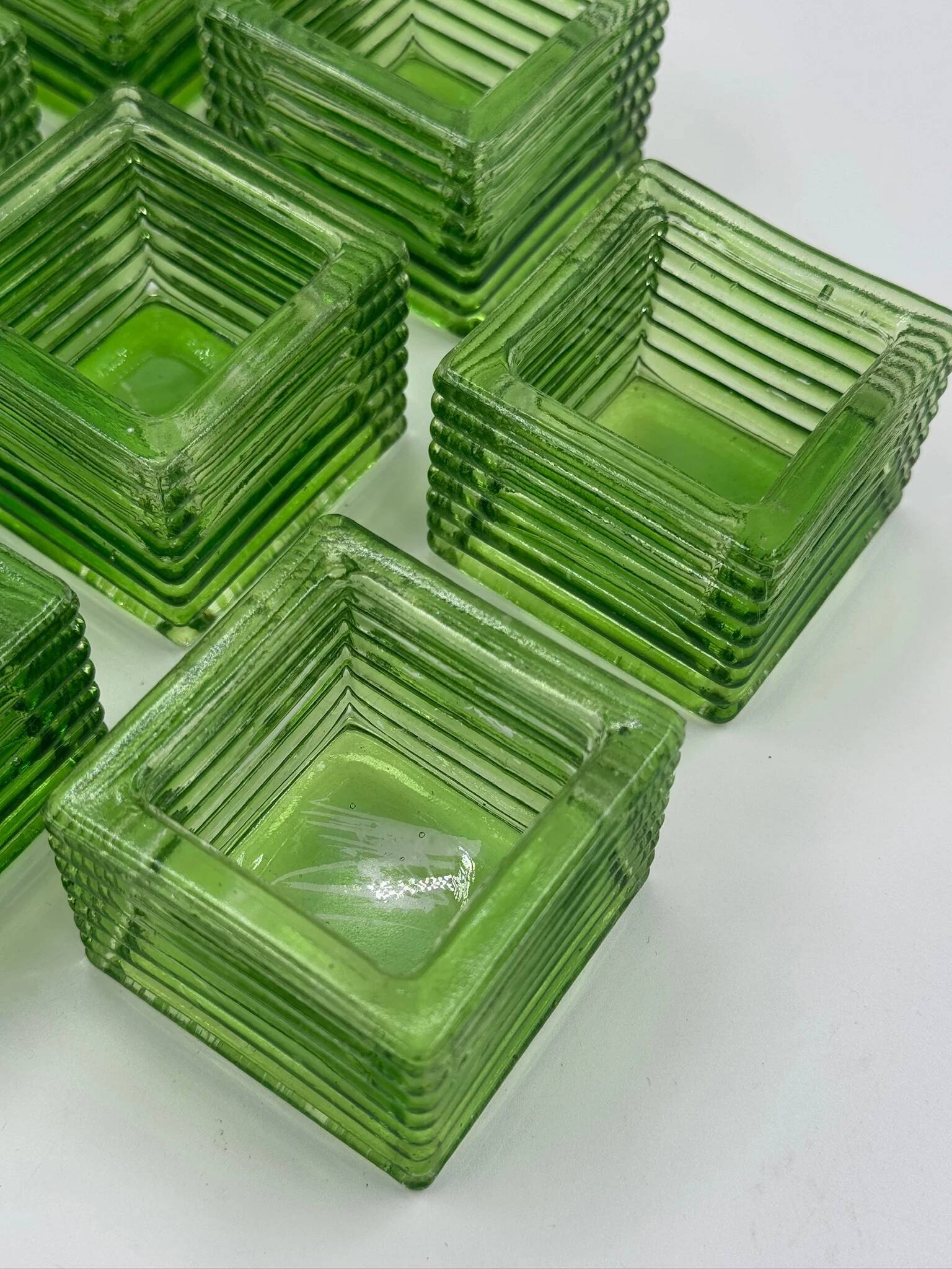 Set of 8 vintage green pressed glass candle holders