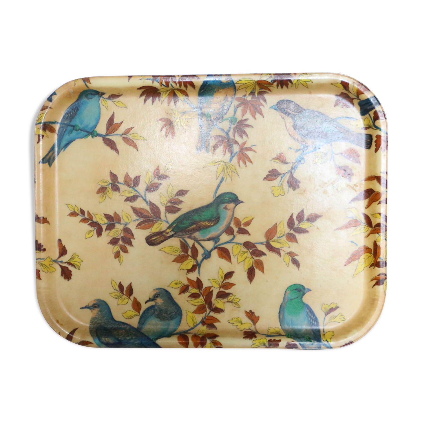 Fiber service tray, bird decorations, vintage
