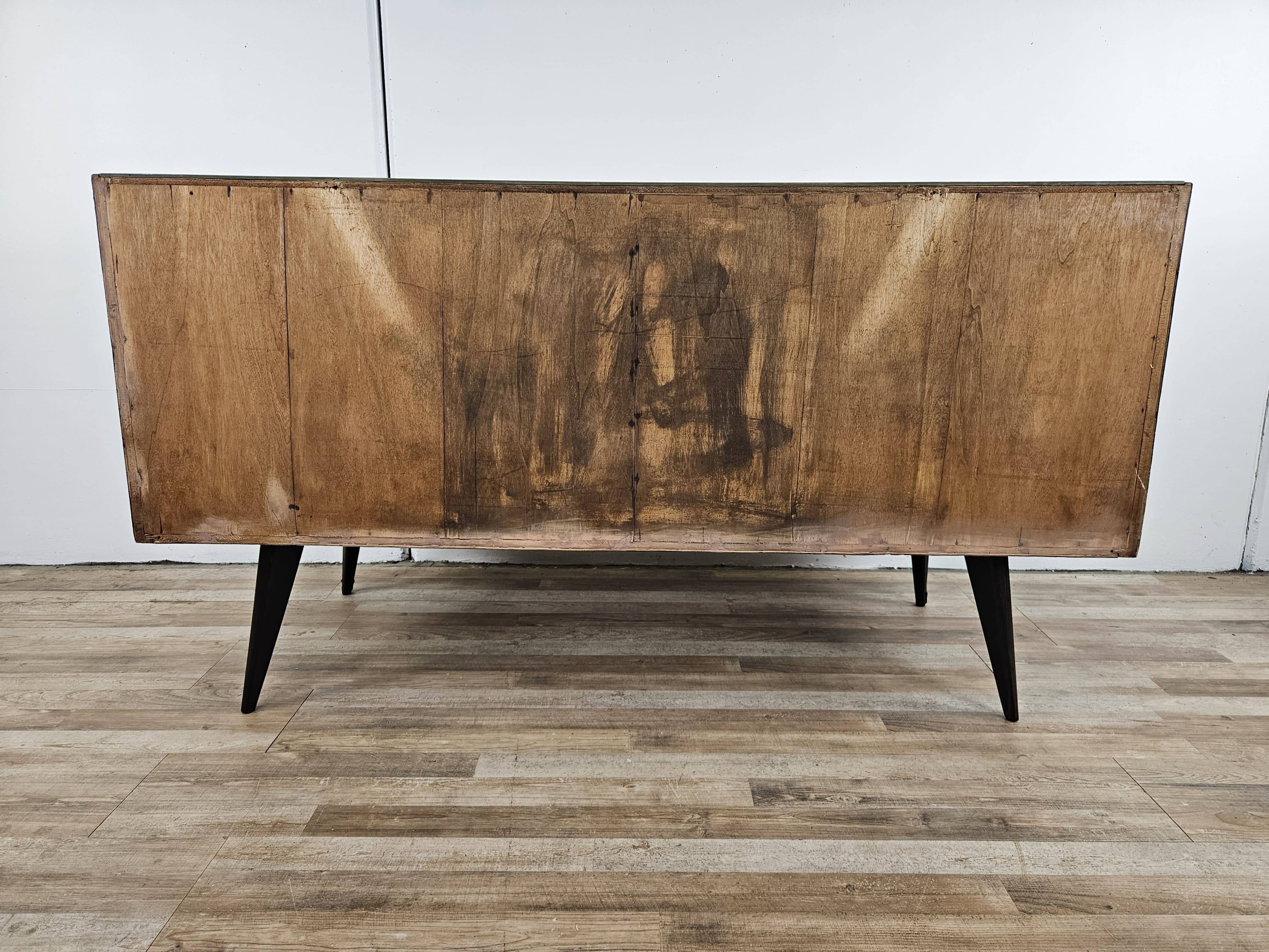 1960s chest of drawers in mahogany and lacquered mahogany with blue glass