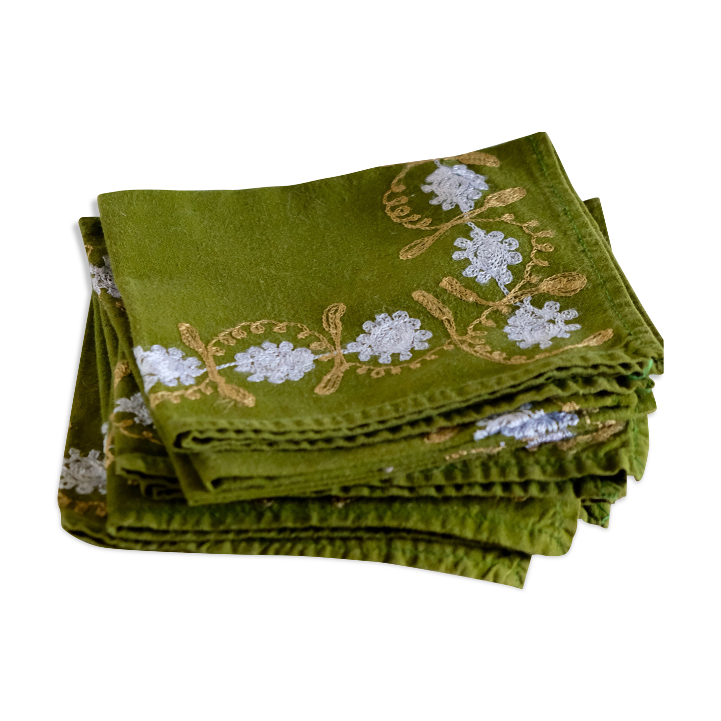 Suite of 8 olive green napkins embroidered vintage flowers 50s