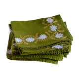 Suite of 8 olive green napkins embroidered vintage flowers 50s