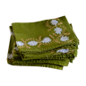Suite of 8 olive green napkins embroidered vintage flowers 50s