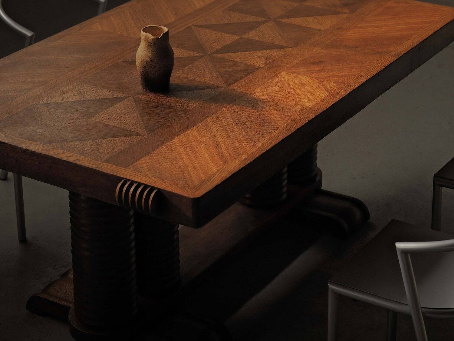 Solid oak table with marquetry, France, circa 1940.