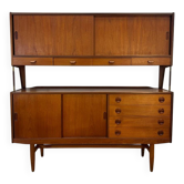Teak highboard with sliding doors and drawers, Denmark 1960.