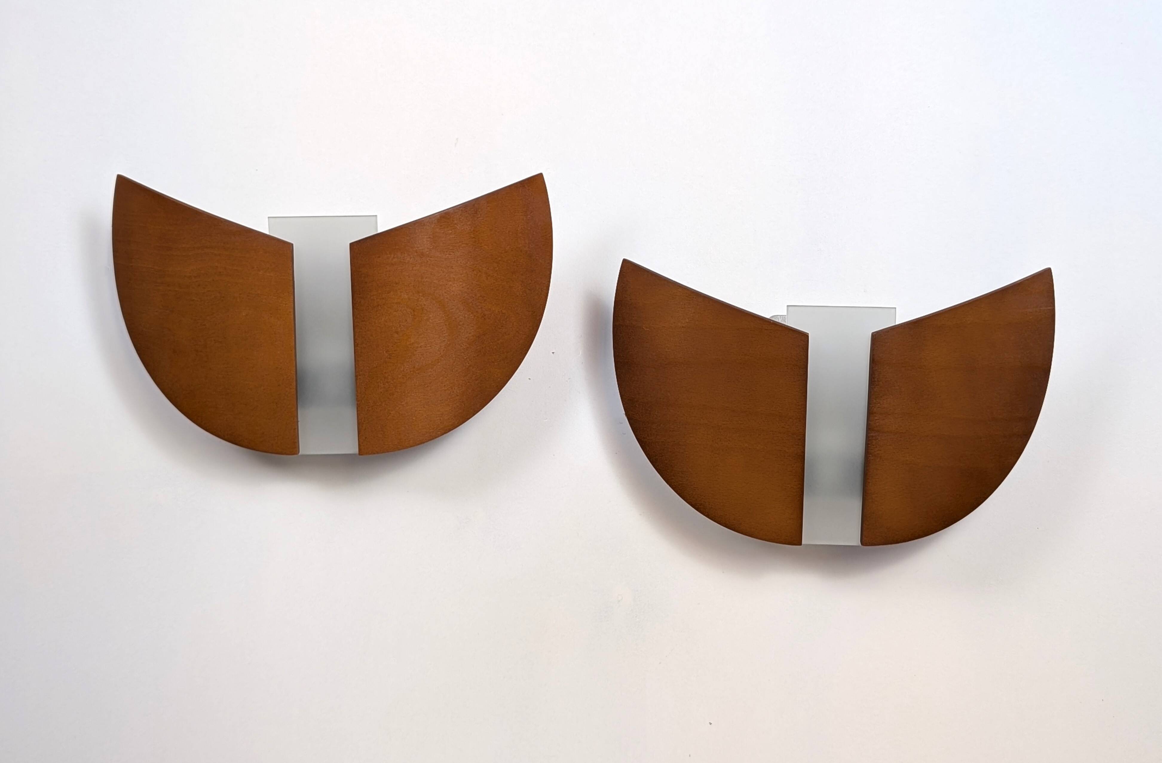 Pair of wood and glass wall lights from the 80s.