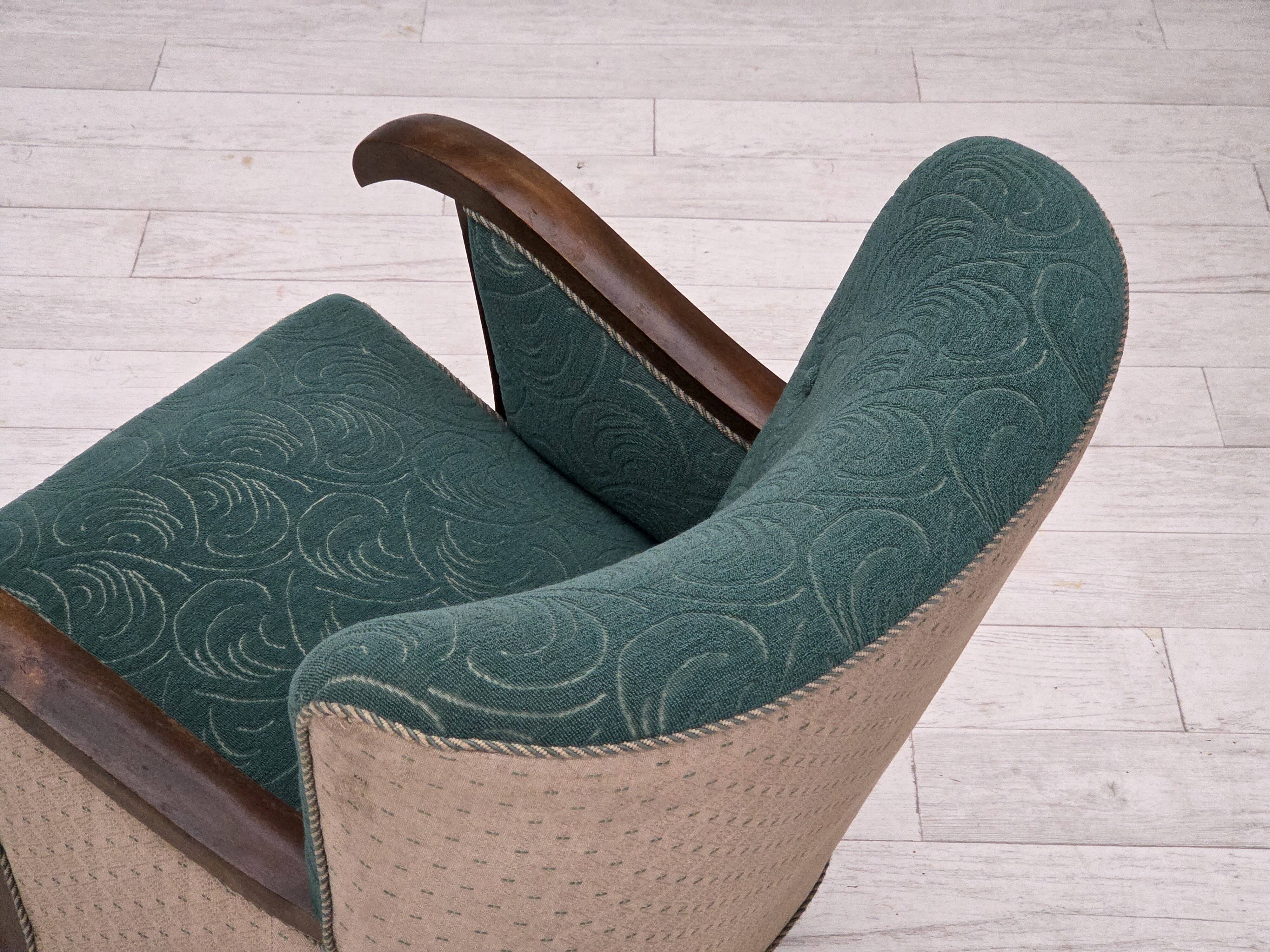 1950s, Danish armchair, original green/beige furniture wool, beech wood.