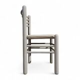 5 x dining chairs / light grey wooden frame / leather seat / Germany 1970s / labeled "ideen für kuchen - innenarchitektur"