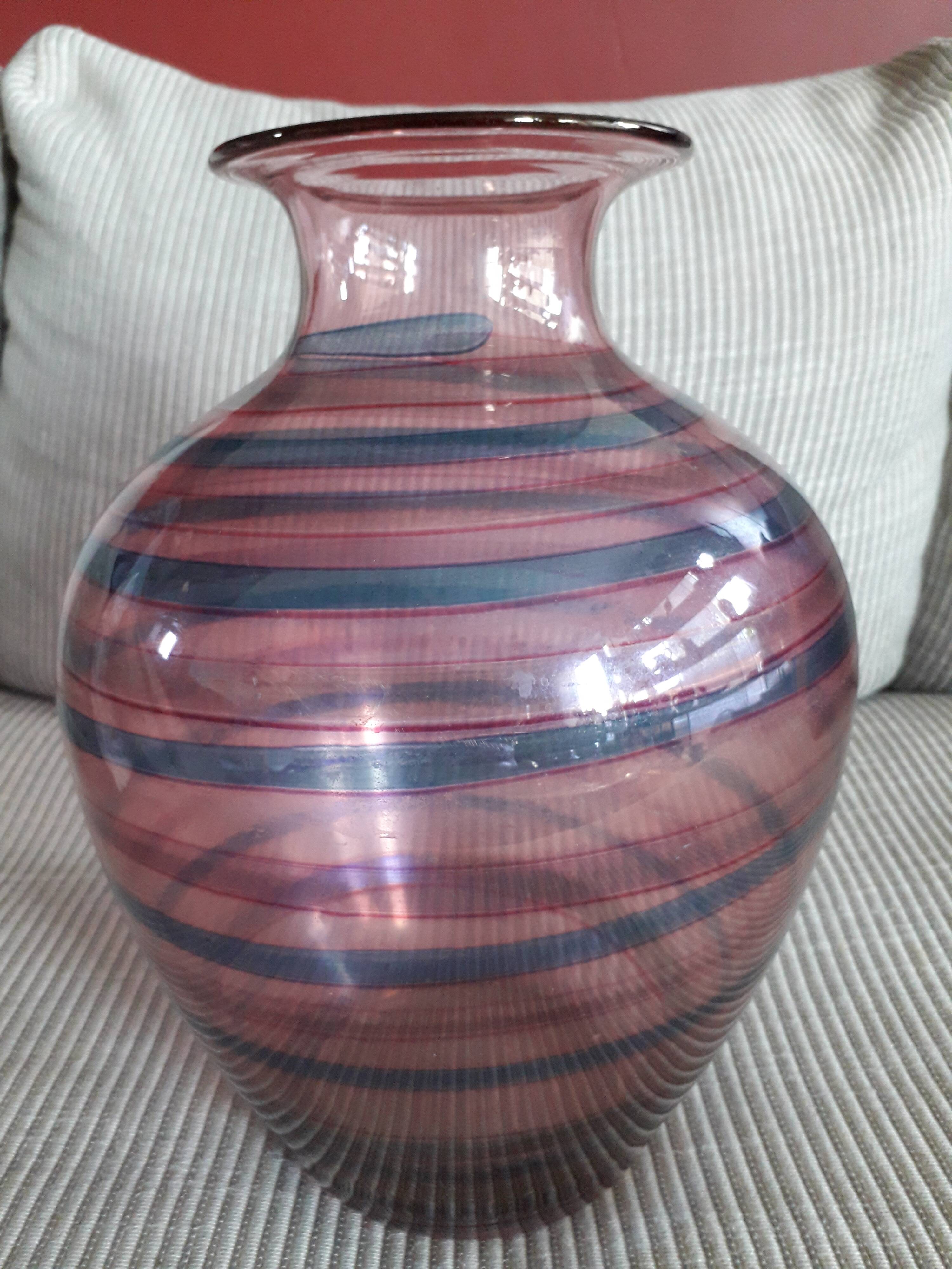 Large vintage striped pink blown glass vase