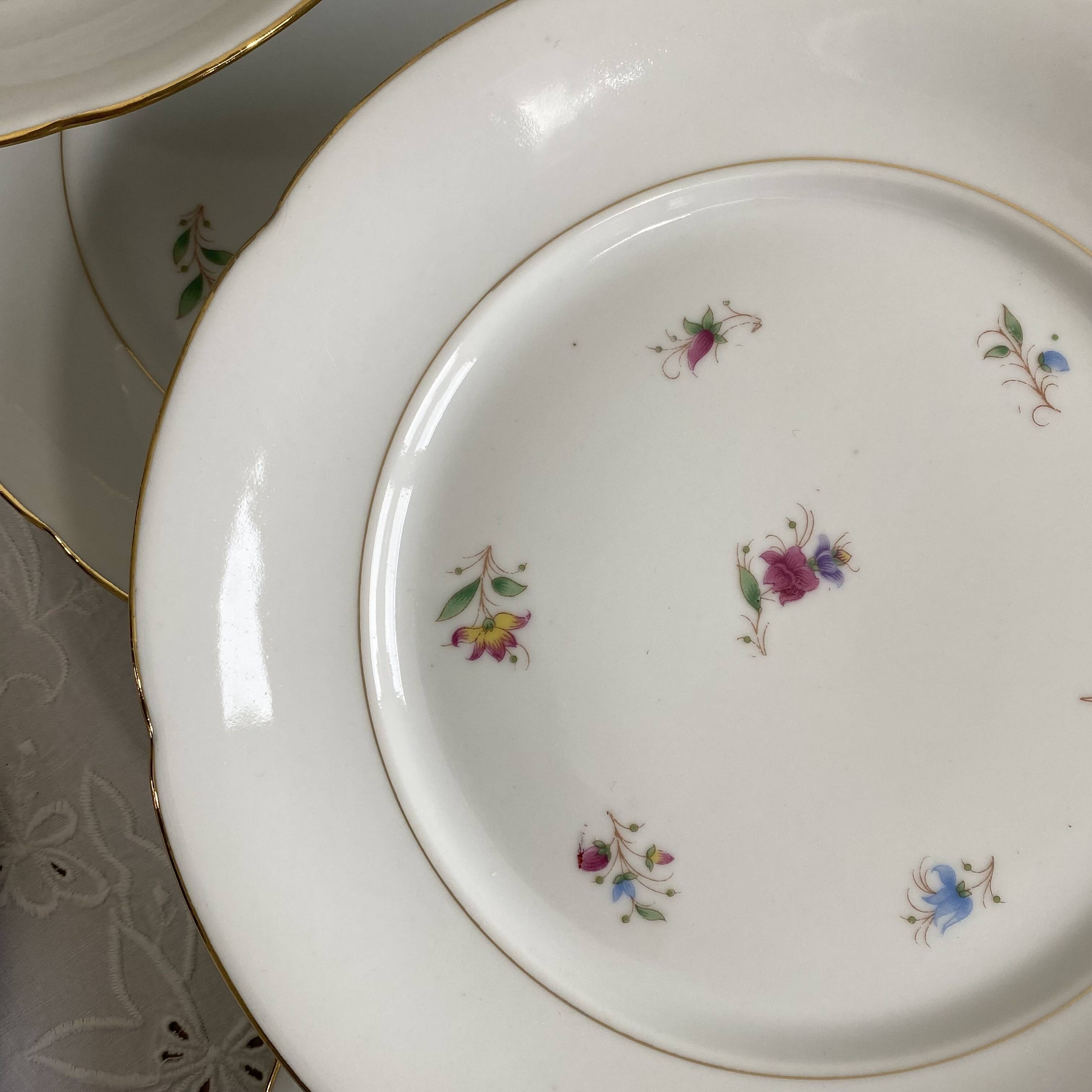 6 flat plates, antique porcelain with flowers and gilding, P L Limoges.