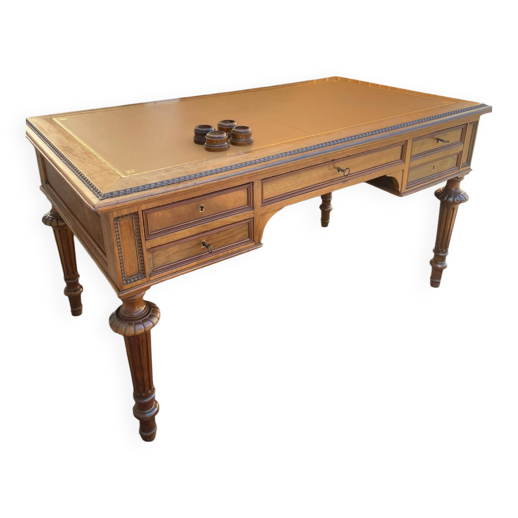 Double-sided flat desk in Louis XVI style made of mahogany and leather.