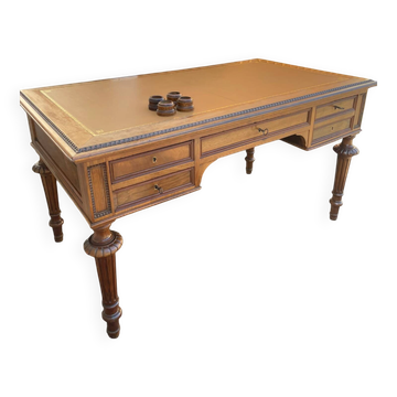 Bureau plat double face style Louis XVI en acajou et cuir
