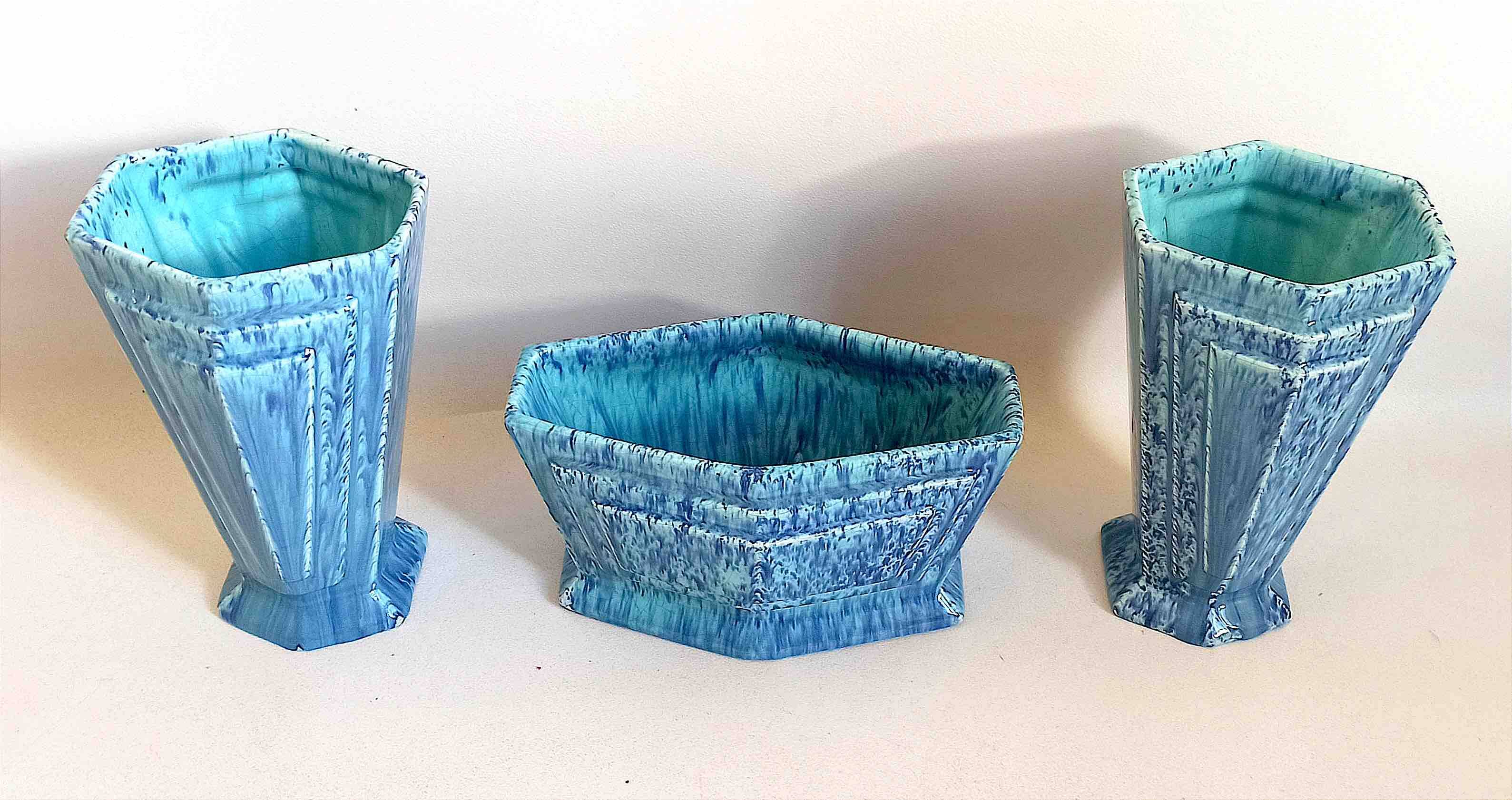 3-piece Art Deco blue fireplace surround