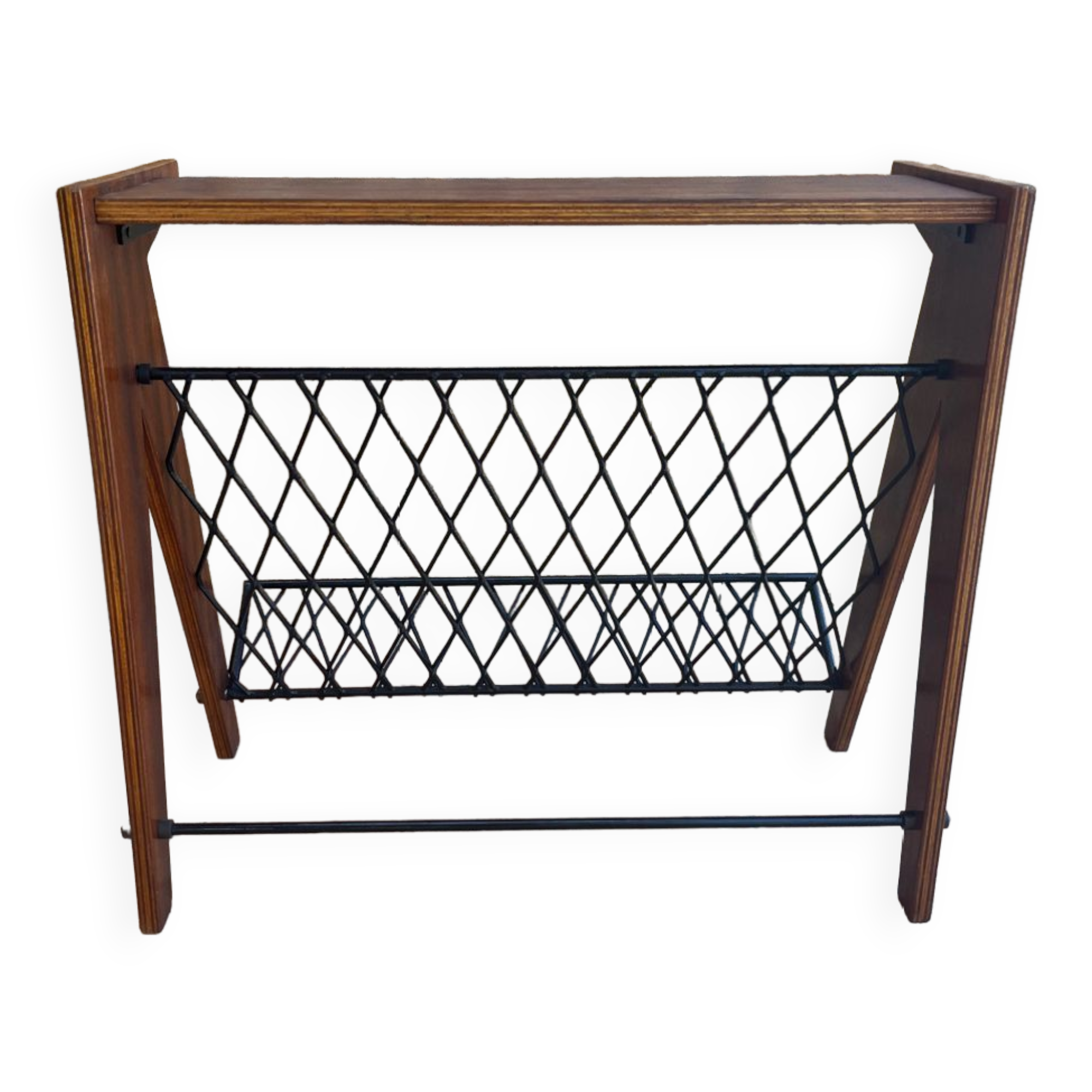 Scandinavian wood and steel magazine rack from the 60s