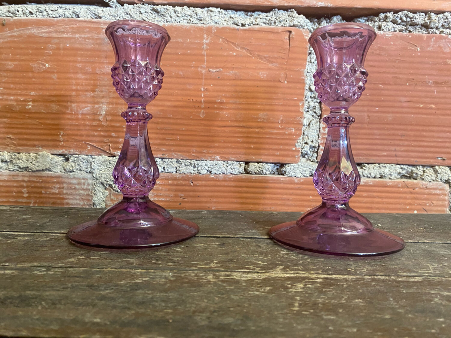 Pair of Antique CRISTAL D’ARQUES Candle Holders Moulded Purple Glass Vintage