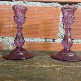 Pair of Antique CRISTAL D’ARQUES Candle Holders Moulded Purple Glass Vintage
