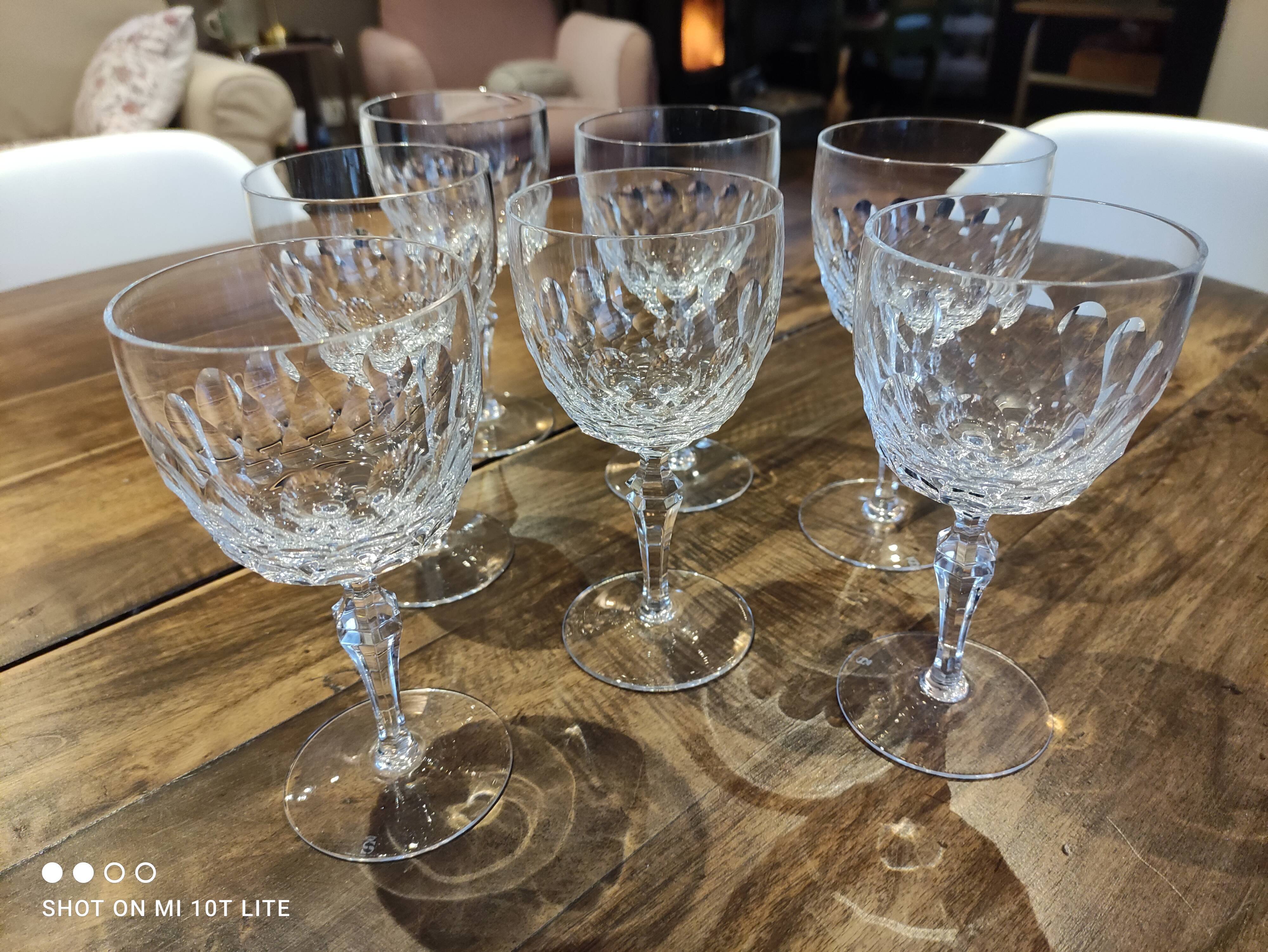 Set of 7 chiseled crystal wine glasses stamped with a crowned S
