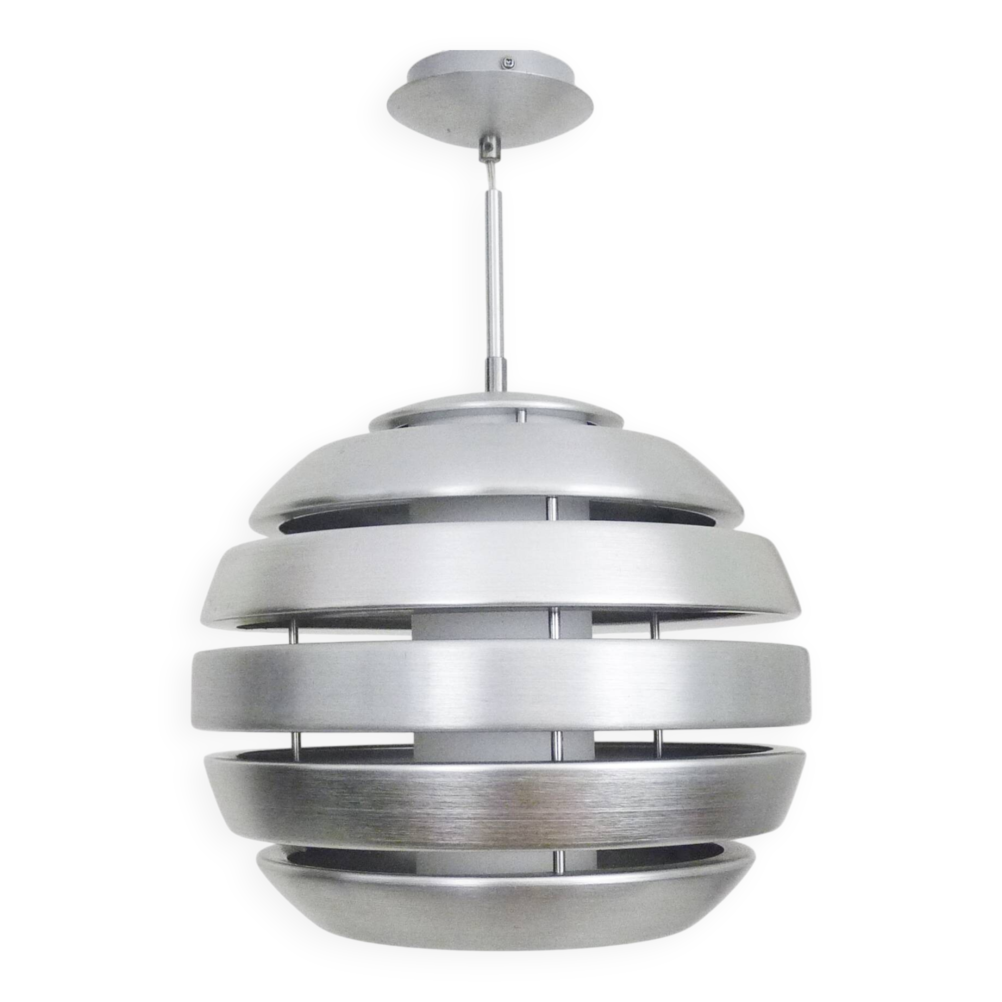 Grande suspension vintage Mercure par Eglo en aluminium brossé et opaline