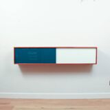 Vintage mid-century wall hung oak cabinets, blue & white sliding glass door