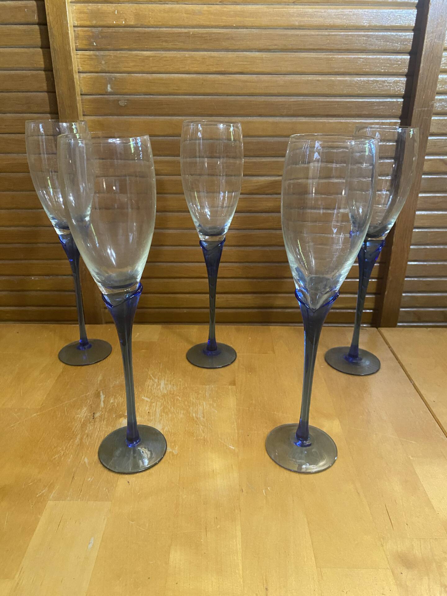Set of 5 Champagne Flutes BORMIOLI ROCCO Moulded Glass + Vintage Blue Stem