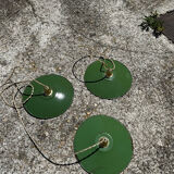 Trio of vintage suspension in green and white enamelled sheet metal indus old farm