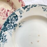 10 mismatched vintage soup plates in blue, green, and red ironstone