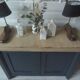 Small low Parisian sideboard re-enchanted in slate gray, medium oak waxed top.