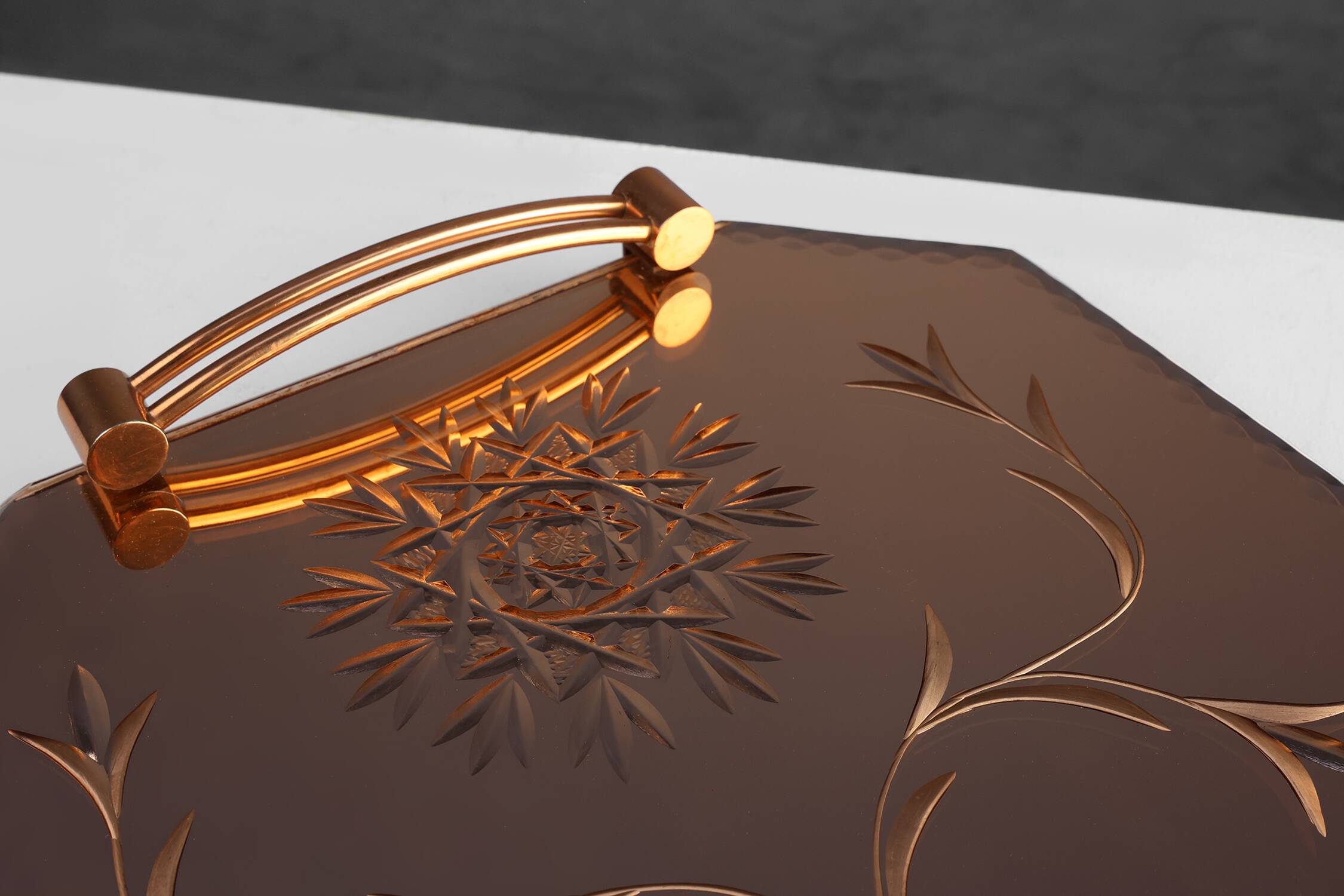 Art Deco Mirrored Glass and Copper Tray, Belgium ca. 1920