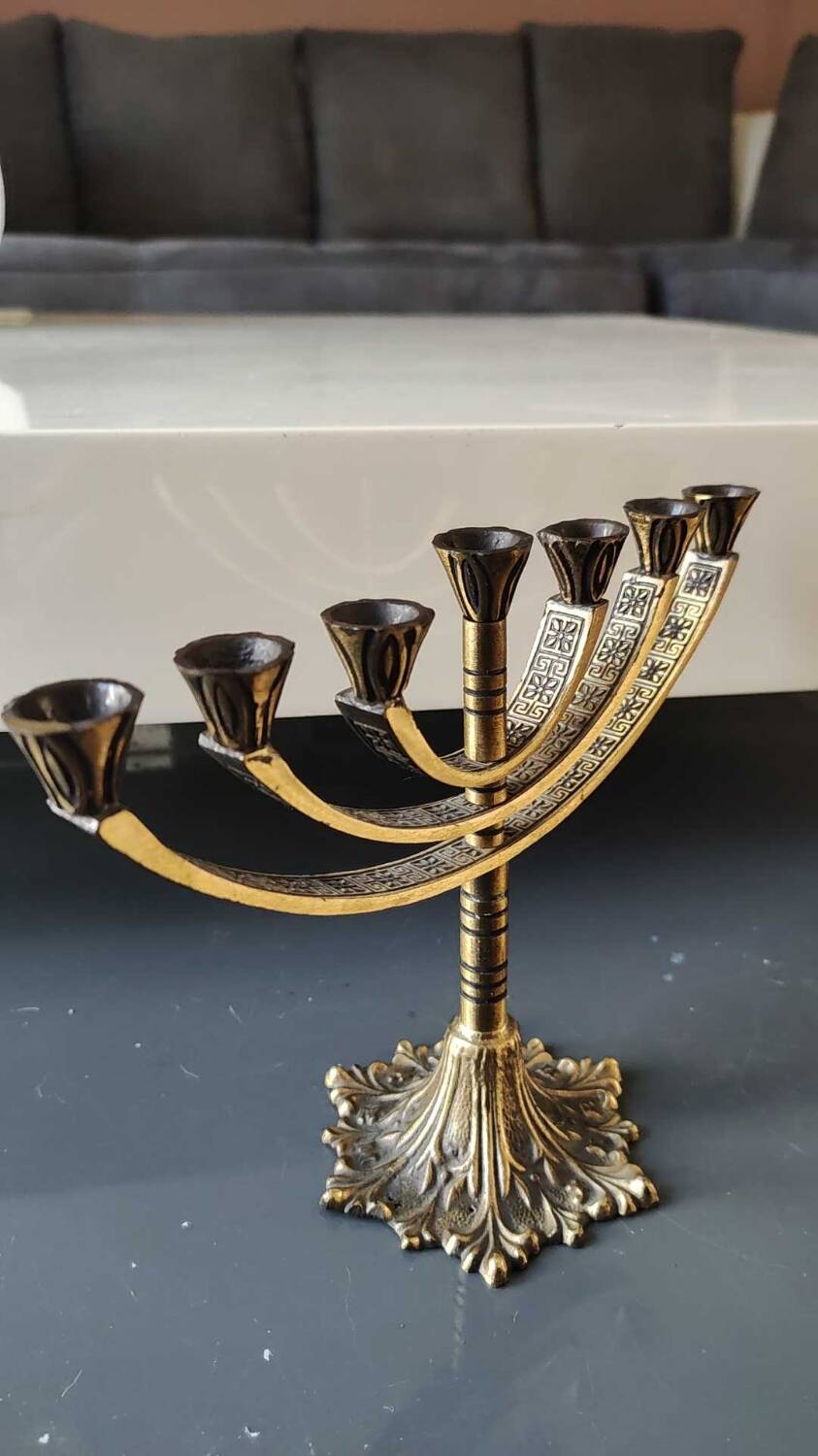 Jerusalem Menorah. Modernist style. In antique gold patinated brass. Dimensions: 15 x 20