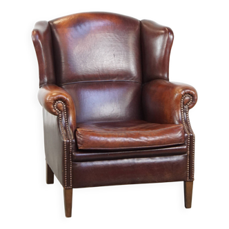 Fauteuil à oreilles vintage en cuir de mouton