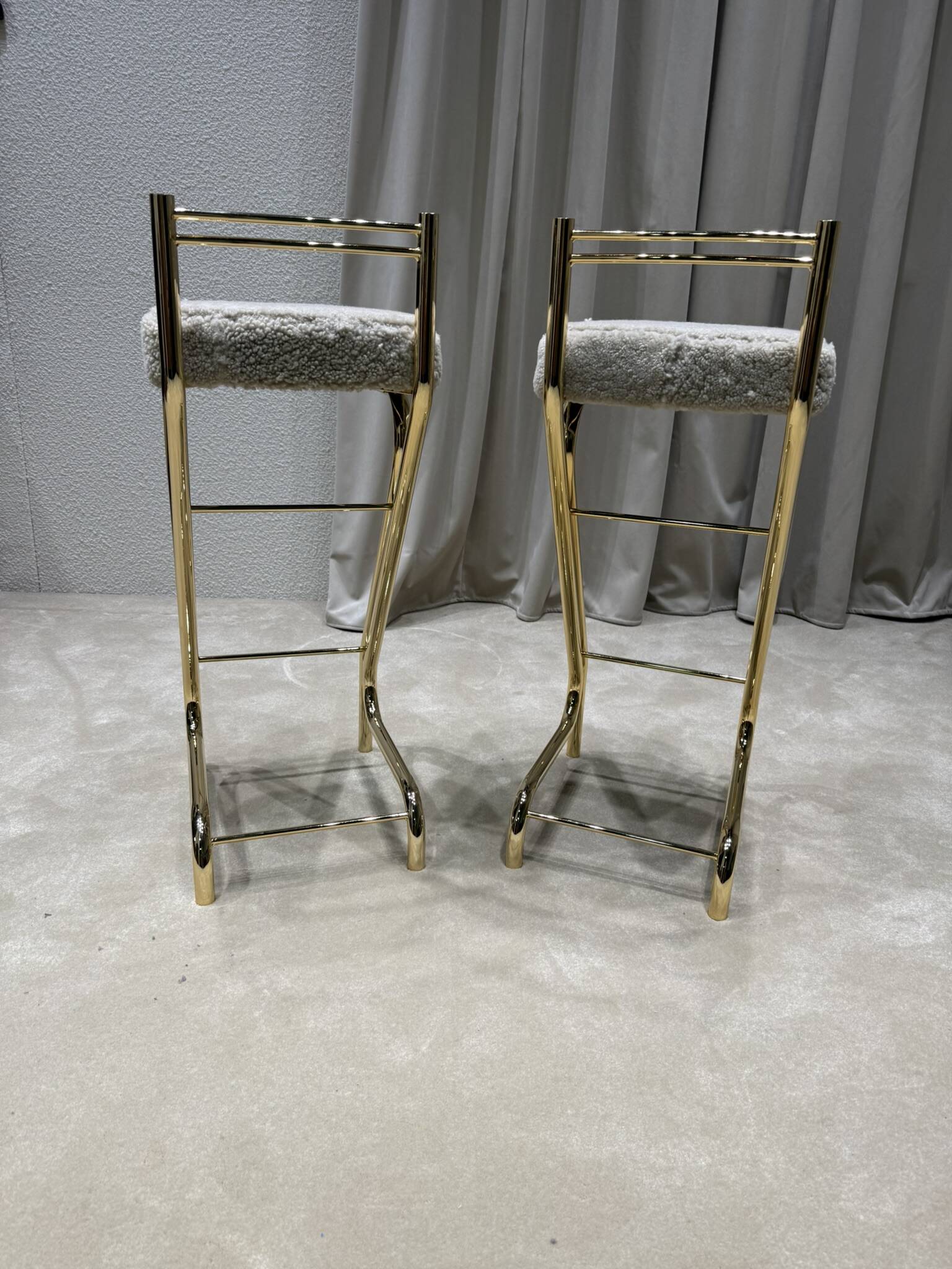 Mid-Century Modern Z Frame Bar Stools in Gold and Natural Shearling - Pair
