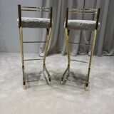 Mid-Century Modern Z Frame Bar Stools in Gold and Natural Shearling - Pair