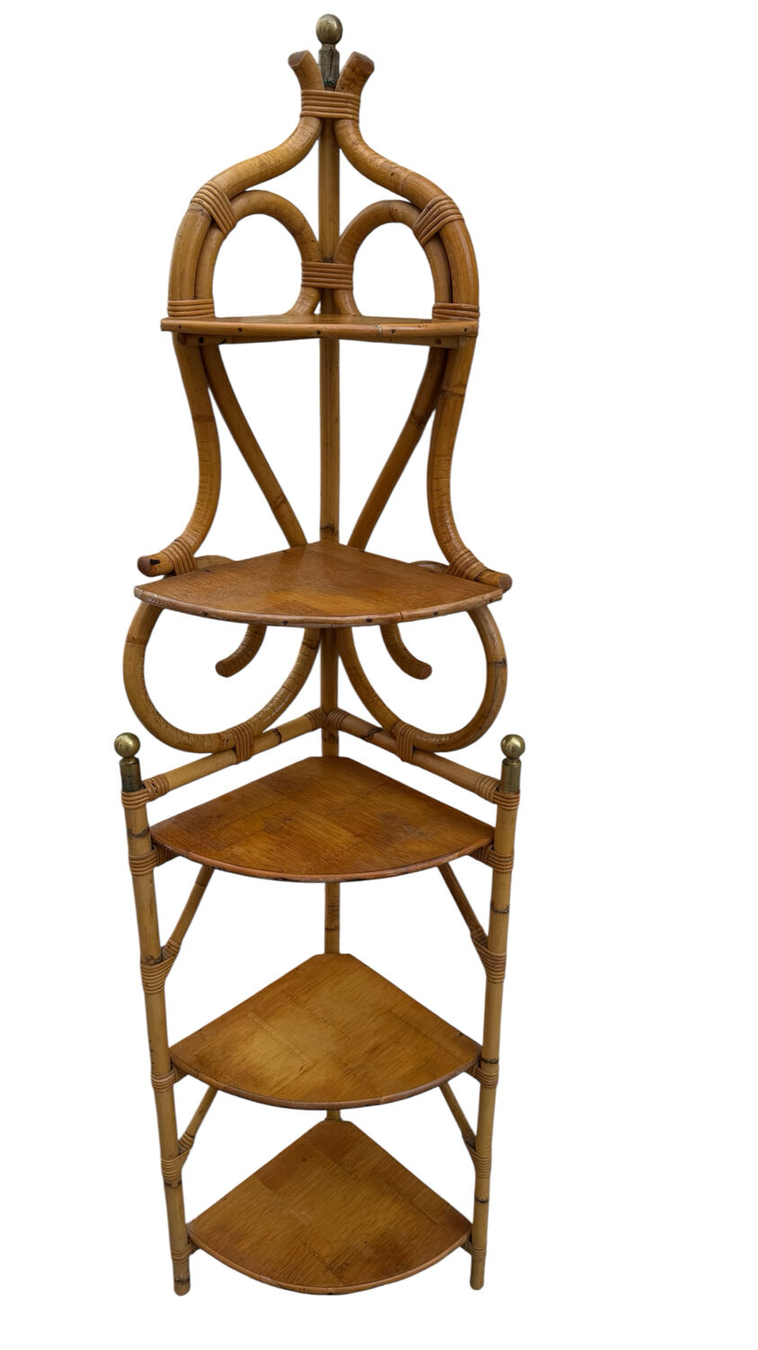 Magnificent 1960s French rattan corner shelf.