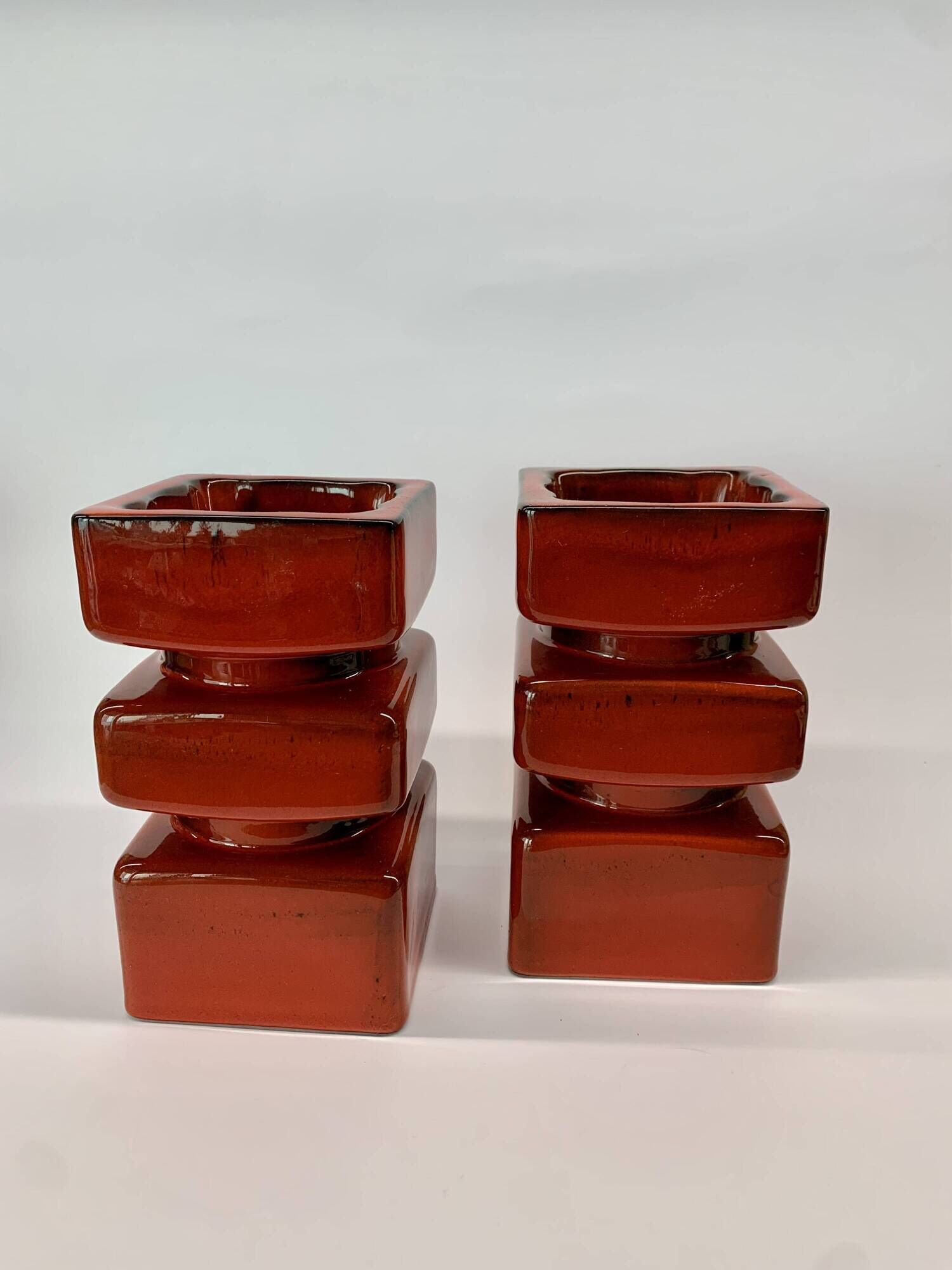 Set of 2 pottery block candleholders, 1970s